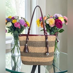 EUC Brighton Woven Tan and Brown Striped Tote